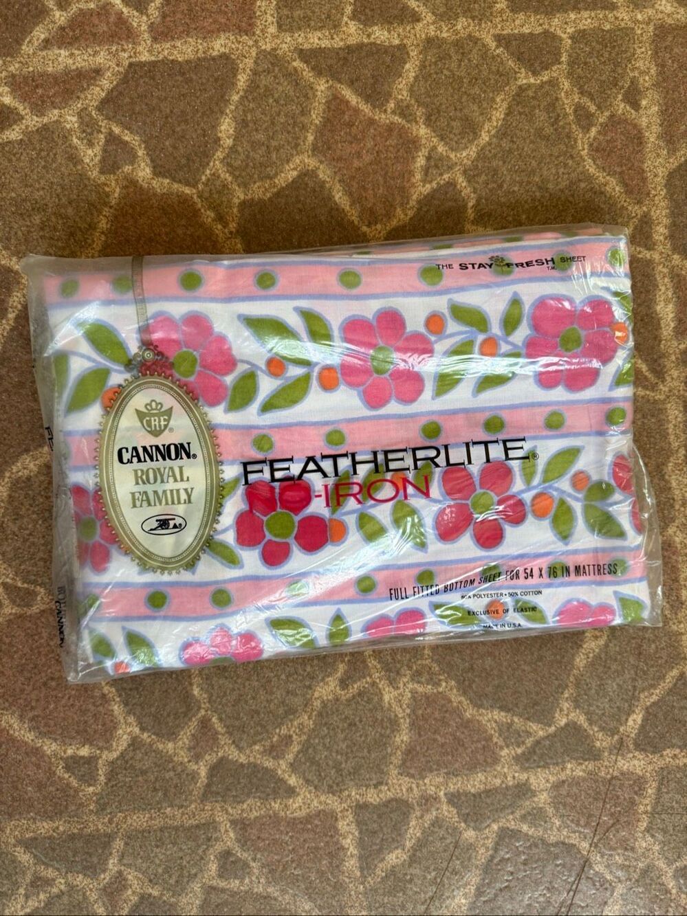 Vintage Cannon Full Fitted Sheet Pink Primrose 1970s NOS Mod MCM RARE